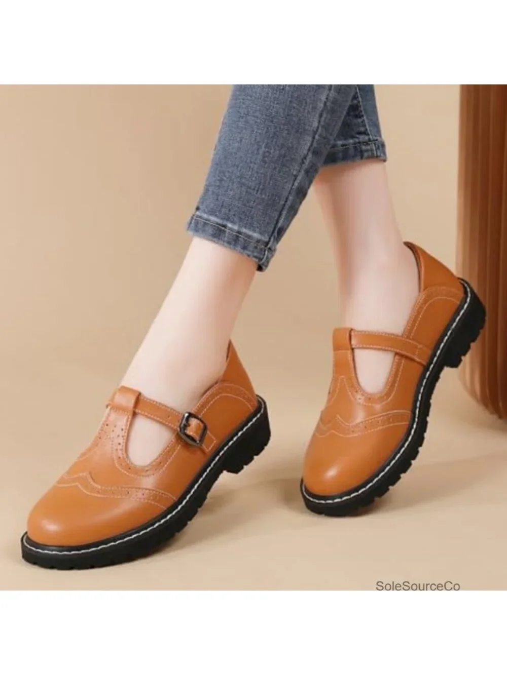 Vintage T-Strap Brogue Mary Jane Shoes Platform Oxfords Faux Leather